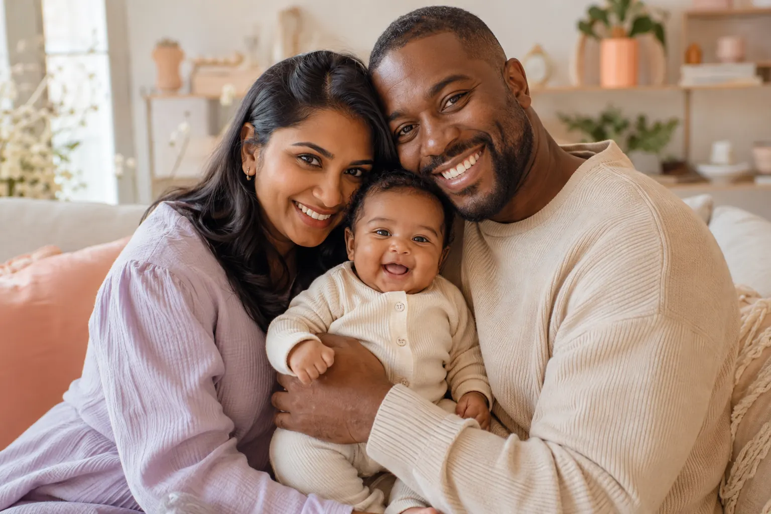 A mother and father cuddling their happy baby