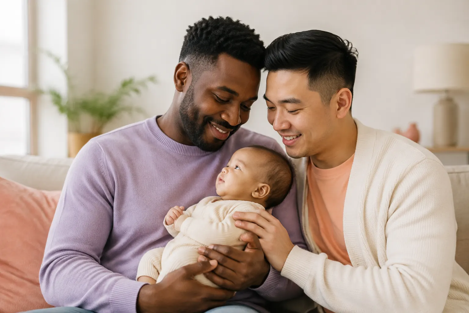 Two smiling dads cuddling their baby together at home