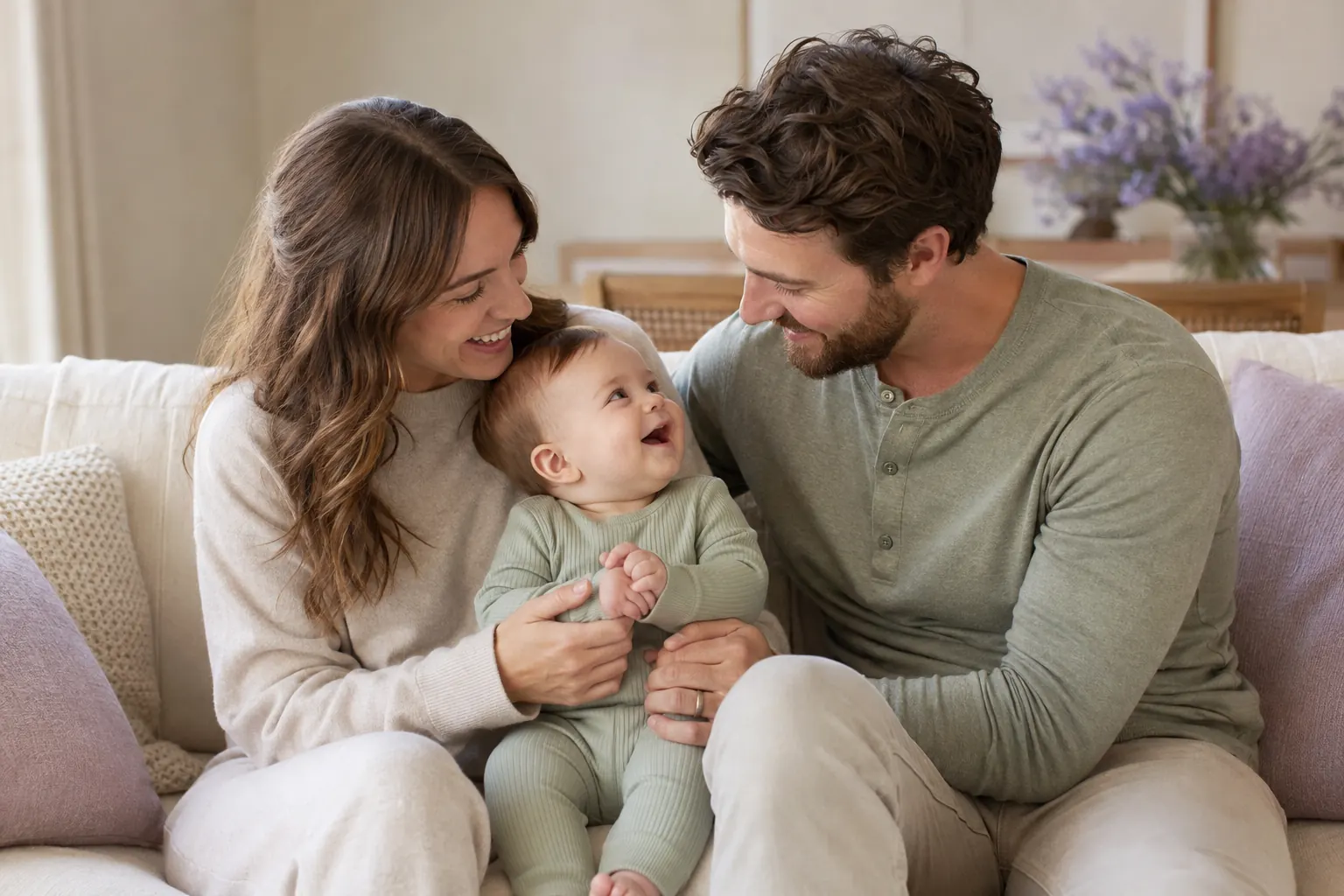 A smiling mother and father holding their infant on a cream sofa